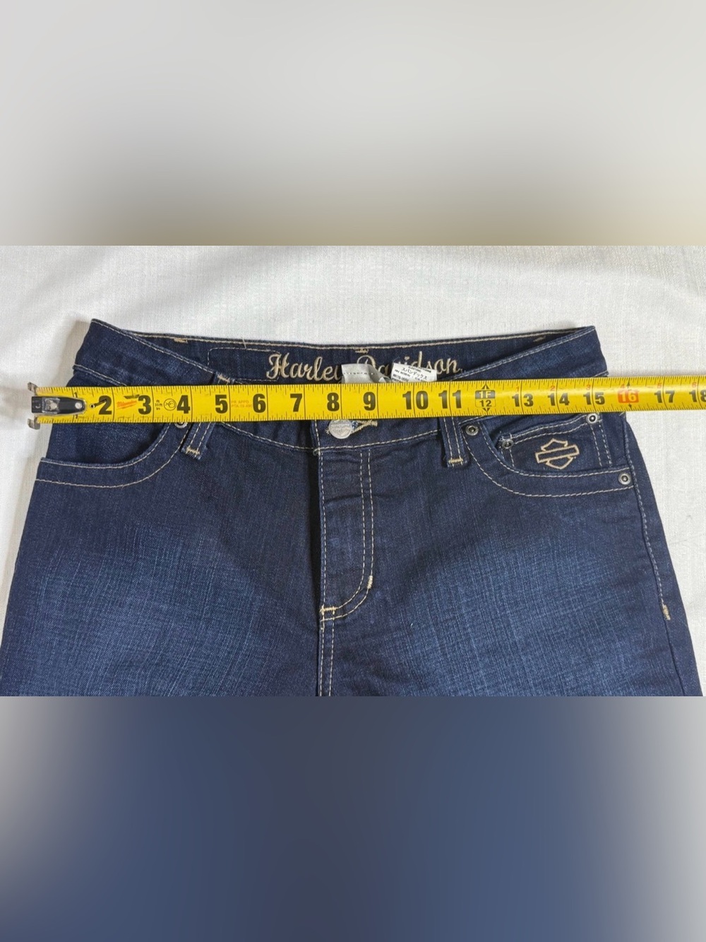 Harley Davidson Womens Bootcut Leg Dark Wash Whiskers Jeans Blue 4 - Picture 8 of 12